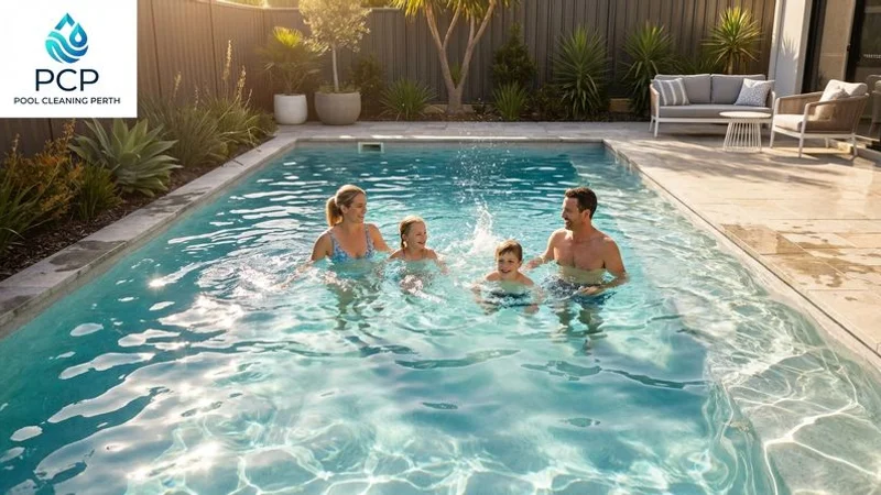 Family swimming in a crystal clear mineral pool with soft water and natural blue tones in Perth backyard