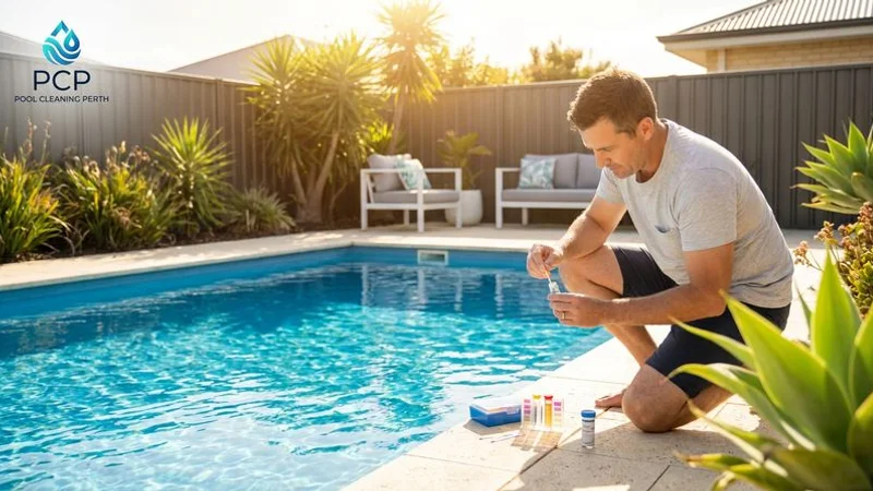 Homeowner with pool cleaning equipment and chemicals testing water quality in their Perth backyard pool
