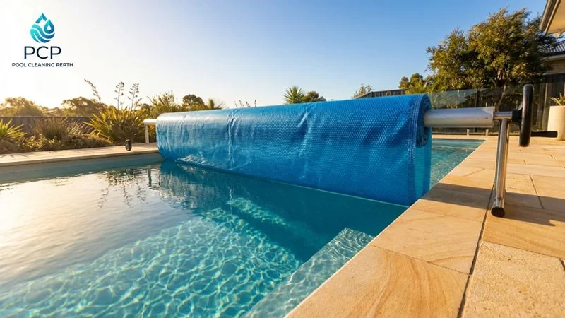 Pool blanket being rolled onto a swimming pool using a roller system to reduce evaporation and debris