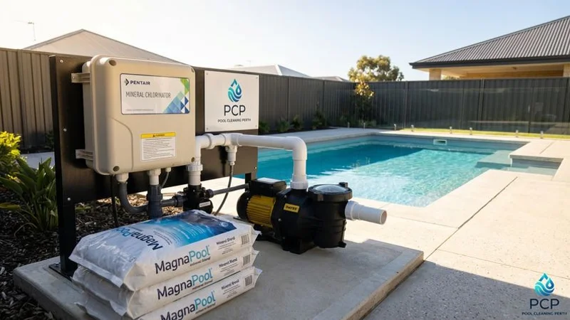 Pool equipment area showing mineral pool system with mineral blend bags and compatible chlorinator cell