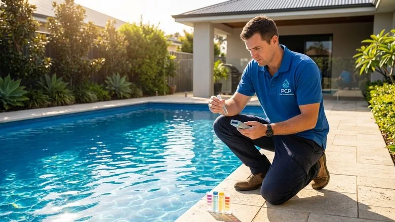 A pool technician testing water chemistry beside a sparkling blue residential pool on a sunny Perth afternoon
