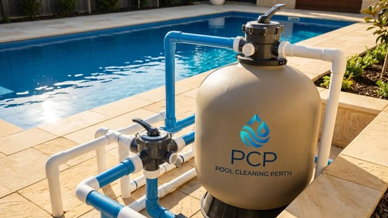 Professional pool filter installation showing properly plumbed sand filter with multiport valve and connections