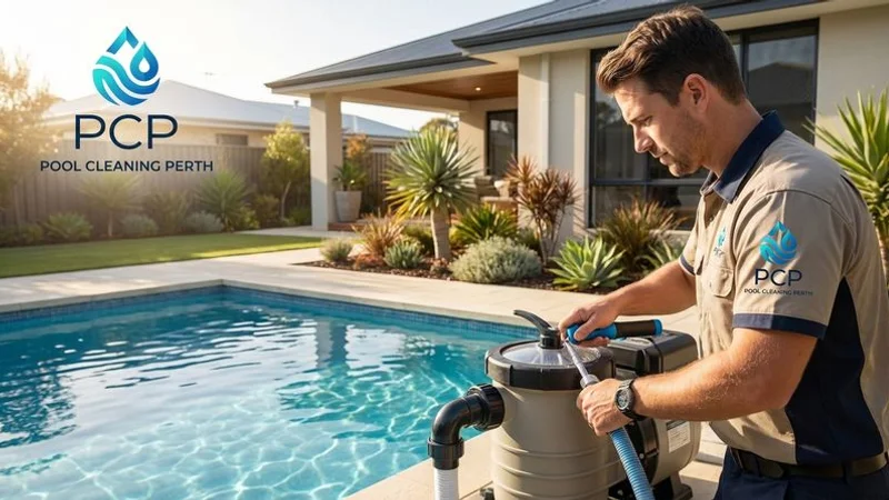 Professional pool technician using specialised equipment to service a residential pool with modern filtration system