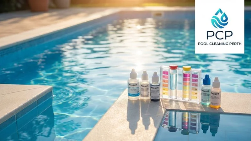 Professional pool water test kit showing multiple reagent bottles and colour comparison tubes for accurate testing