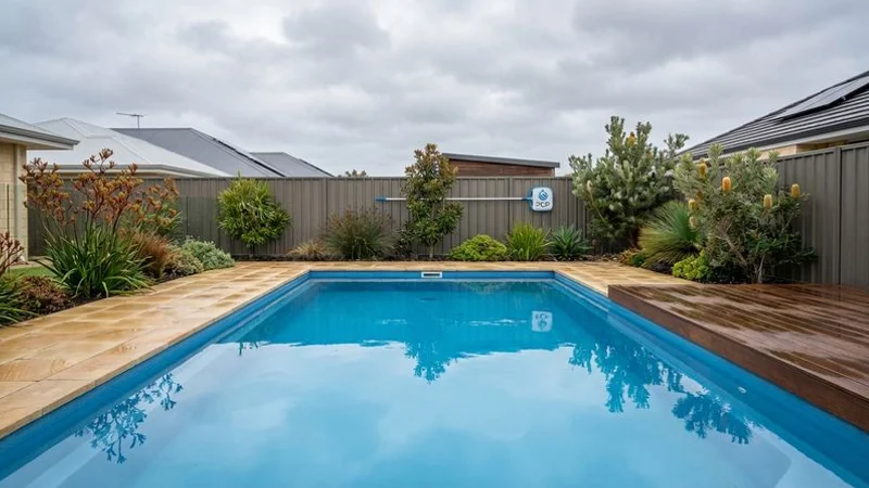 Residential swimming pool during Perth winter with mild overcast sky and maintained clear blue water