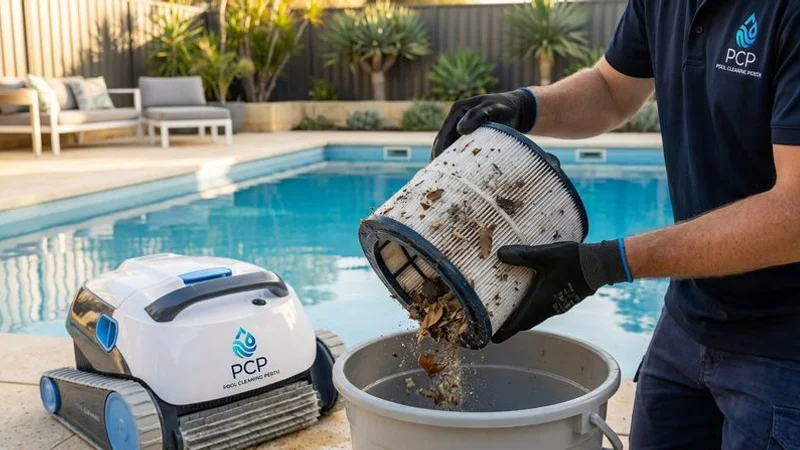 Robotic pool cleaner filter cartridge being emptied of collected debris and fine particles after cleaning cycle