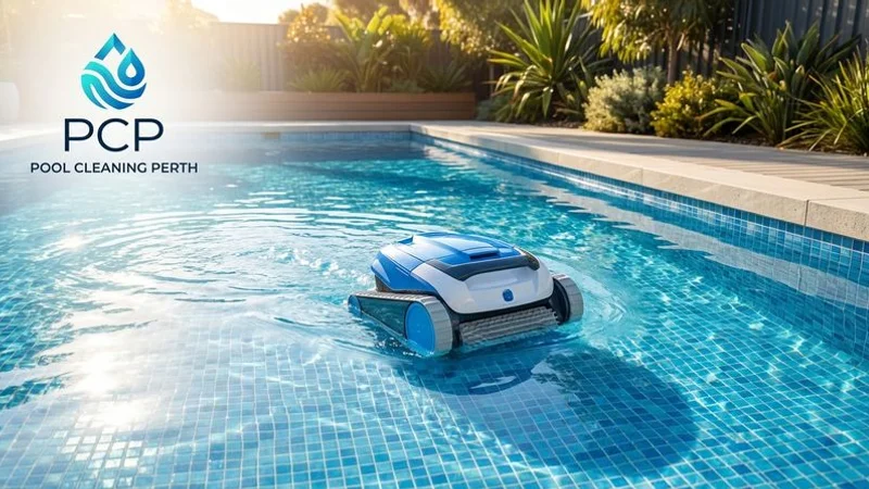 Robotic pool cleaner in action on the floor of a residential pool showing its independent operation