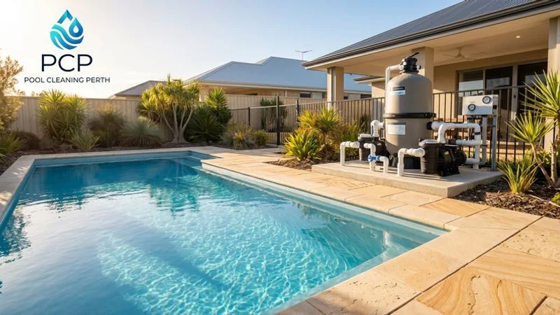 Sparkling clean residential pool with modern equipment setup visible including pump and filter system in Perth